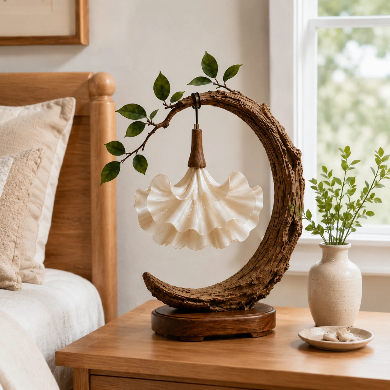🌙 ⭐ Crescent Moon Botanical Petal Table Lamp | Rustic Floral Ambient USB Night Light