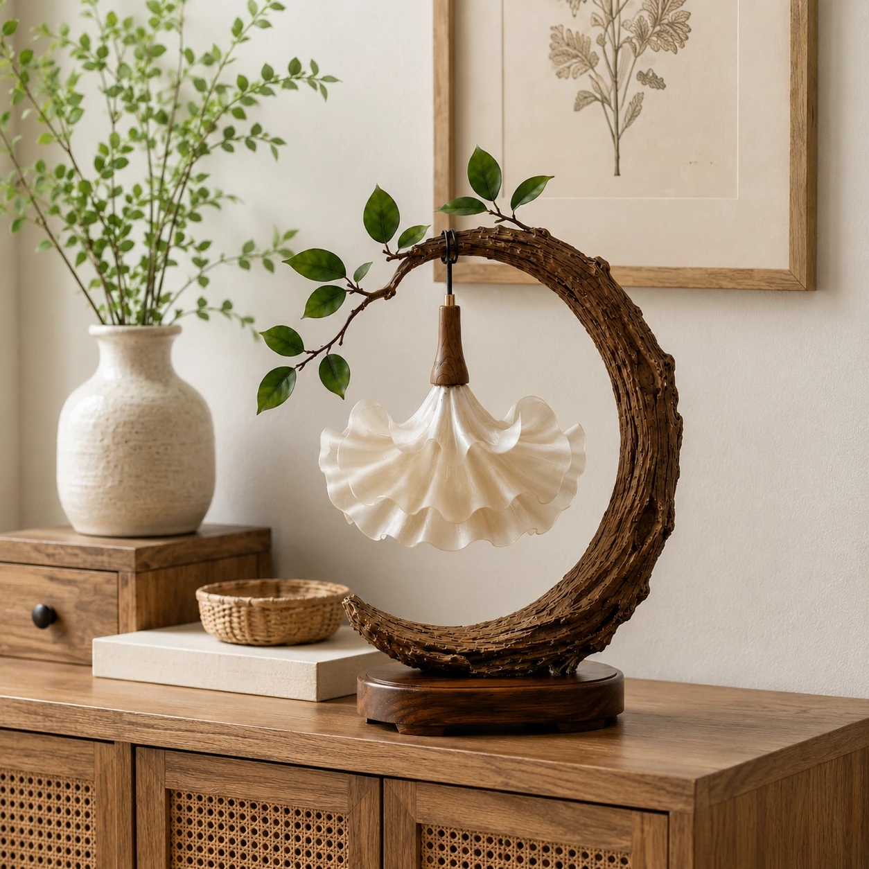 🌙 ⭐ Crescent Moon Botanical Petal Table Lamp | Rustic Floral Ambient USB Night Light