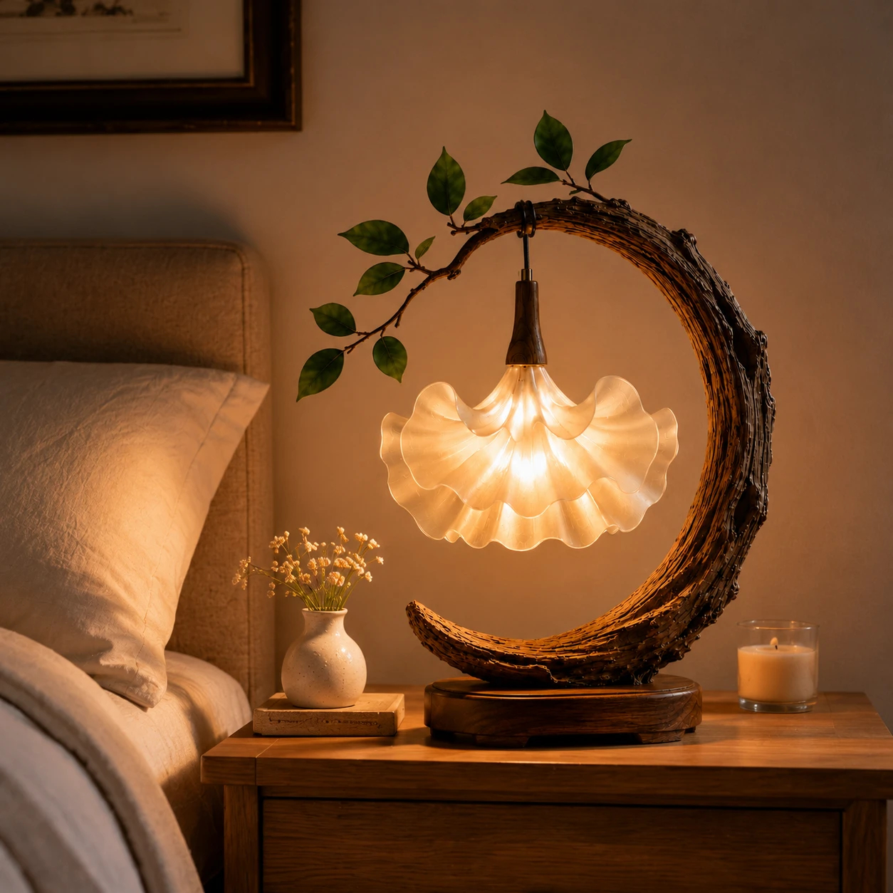🌙 ⭐ Crescent Moon Botanical Petal Table Lamp | Rustic Floral Ambient USB Night Light