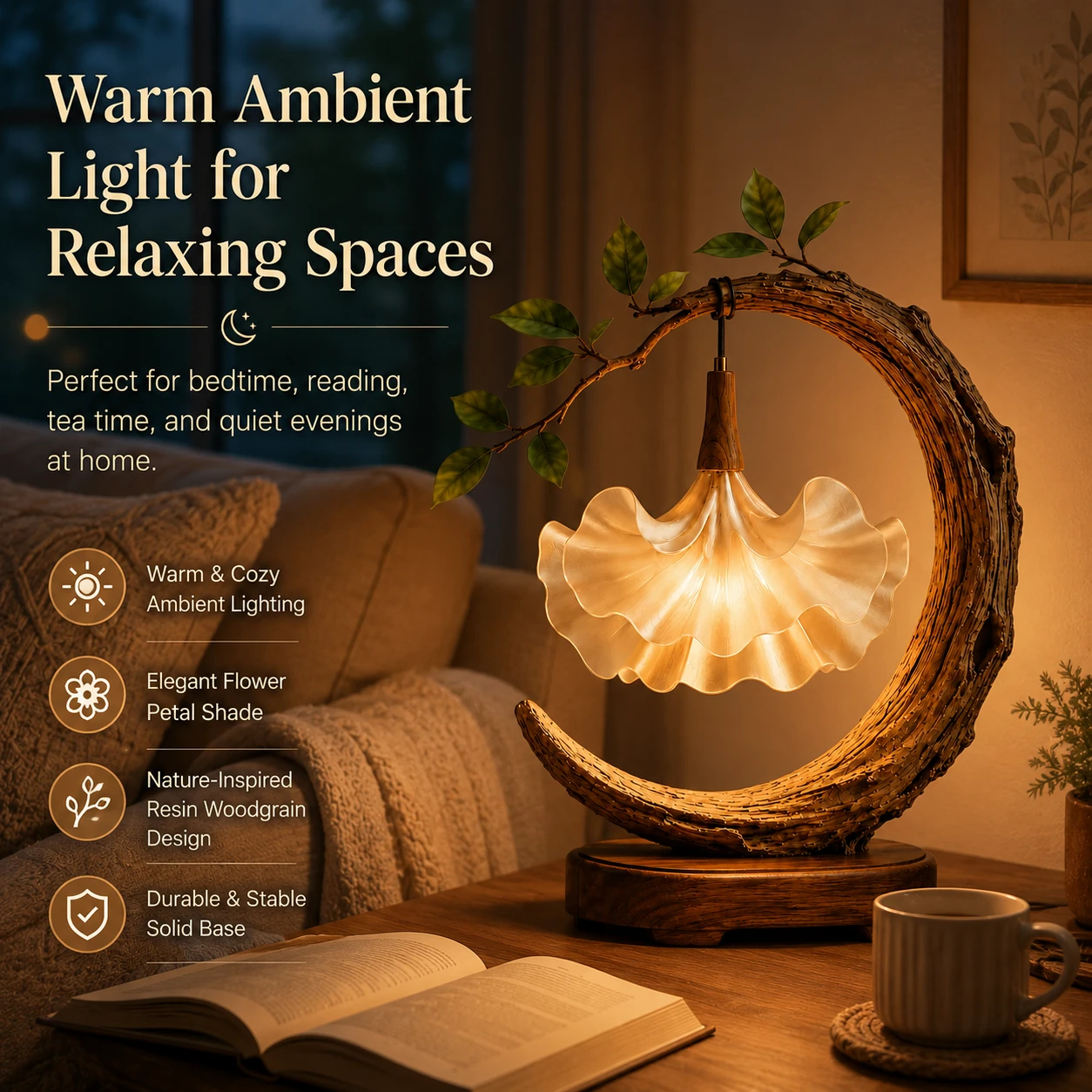 🌙 ⭐ Crescent Moon Botanical Petal Table Lamp | Rustic Floral Ambient USB Night Light