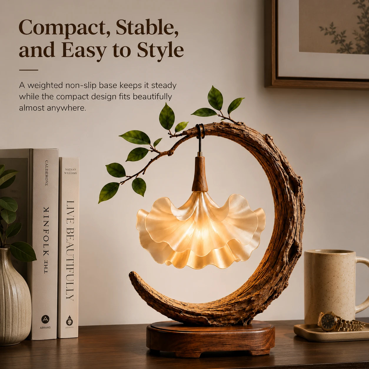 🌙 ⭐ Crescent Moon Botanical Petal Table Lamp | Rustic Floral Ambient USB Night Light