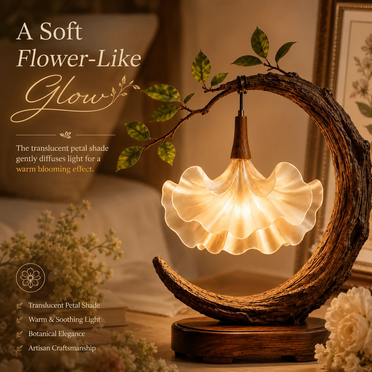 🌙 ⭐ Crescent Moon Botanical Petal Table Lamp | Rustic Floral Ambient USB Night Light
