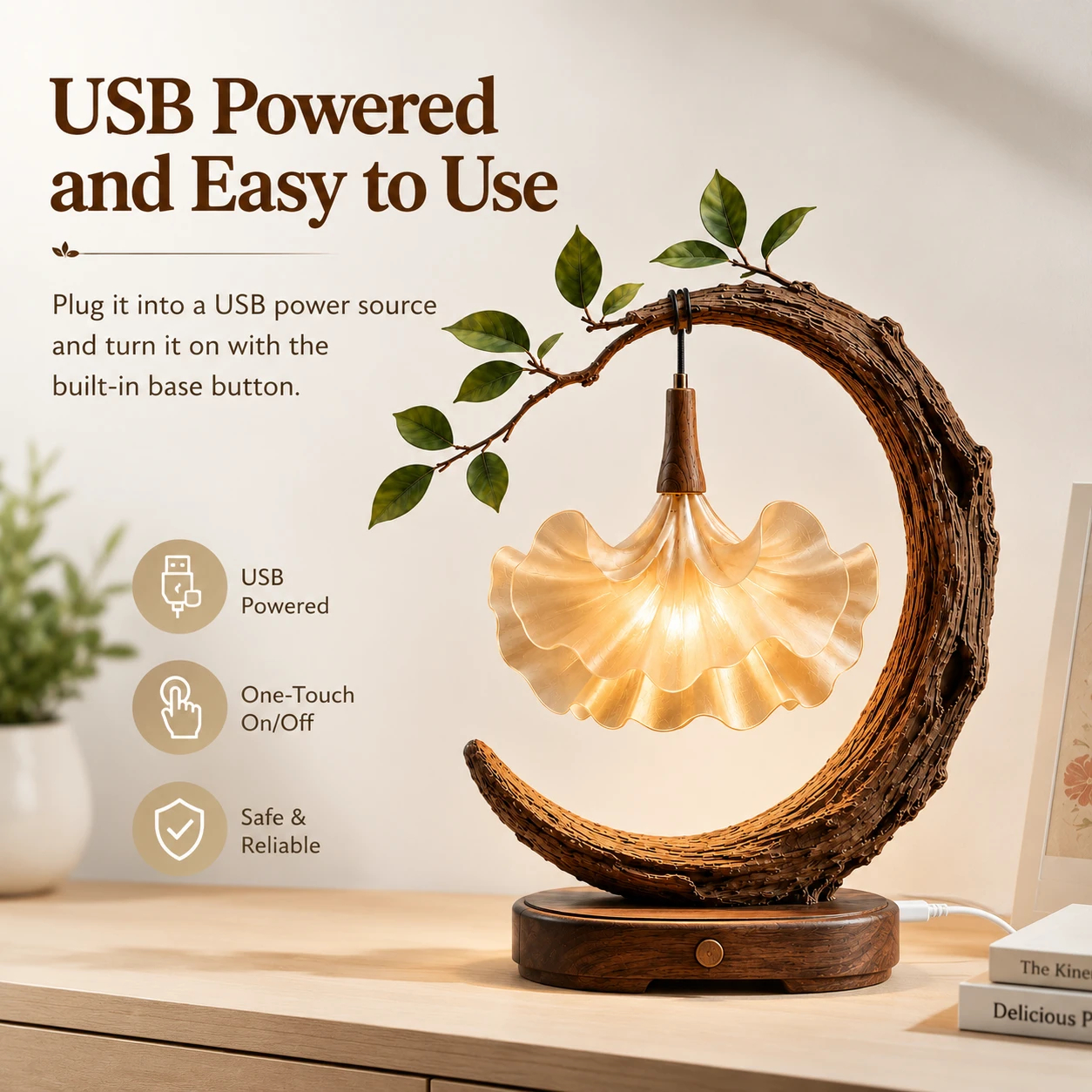 🌙 ⭐ Crescent Moon Botanical Petal Table Lamp | Rustic Floral Ambient USB Night Light