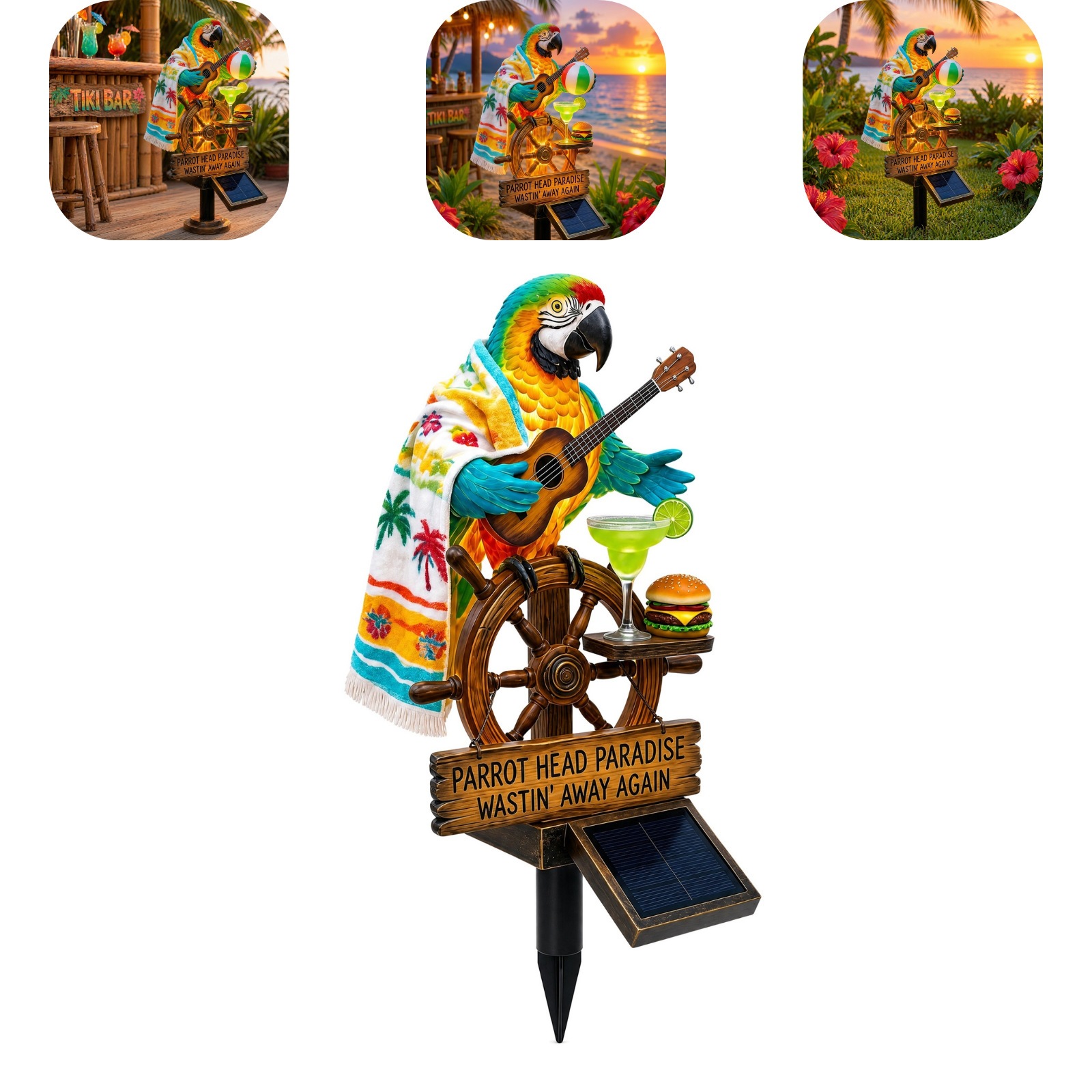 🦜 🌴Tropical Parrot Ship Wheel Solar Garden Stake Light | Island Beach Themed Outdoor Landscape Lamp
