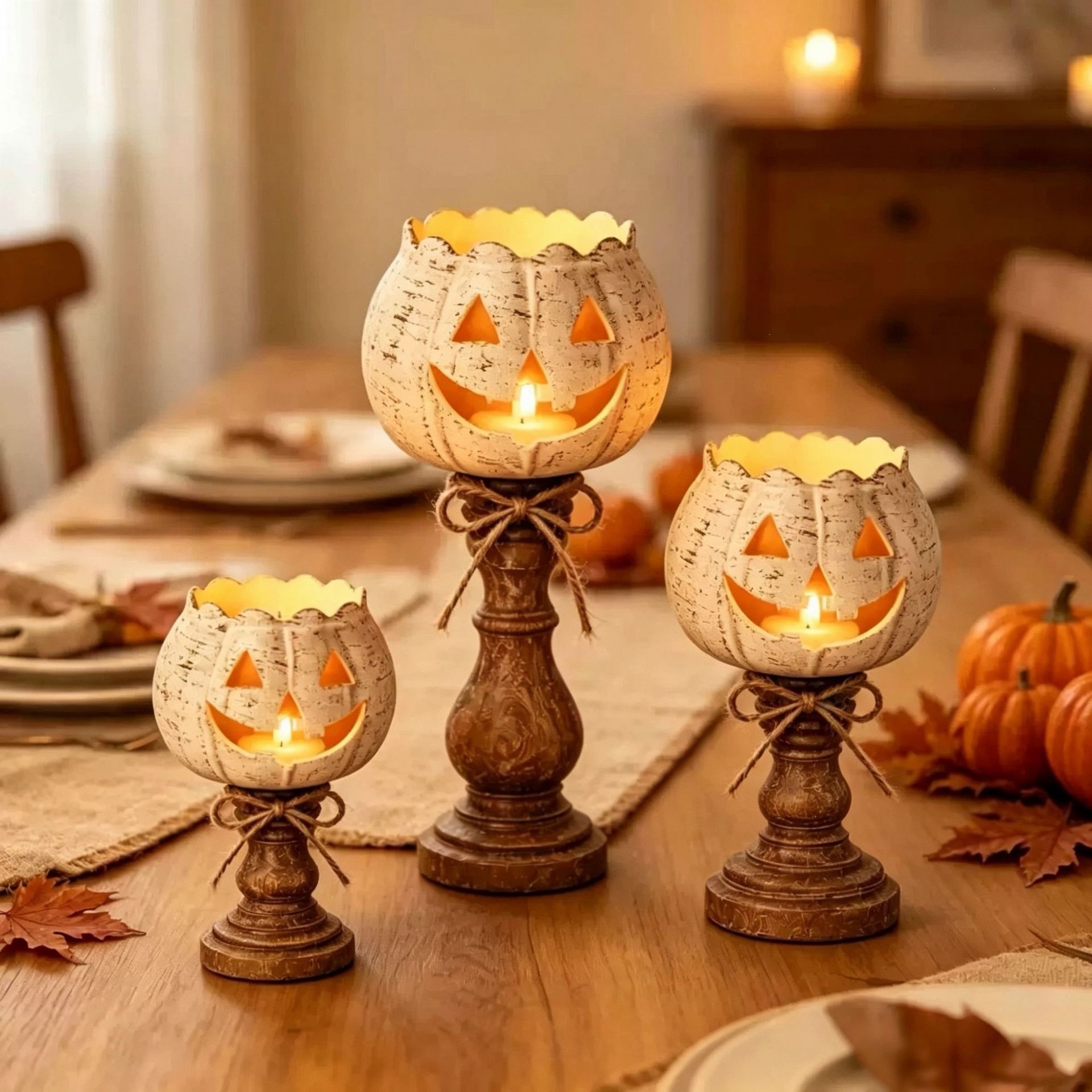 🎃 Rustic Jack O Lantern Pedestal Candle Holder Farmhouse Halloween Fall Tabletop Decor