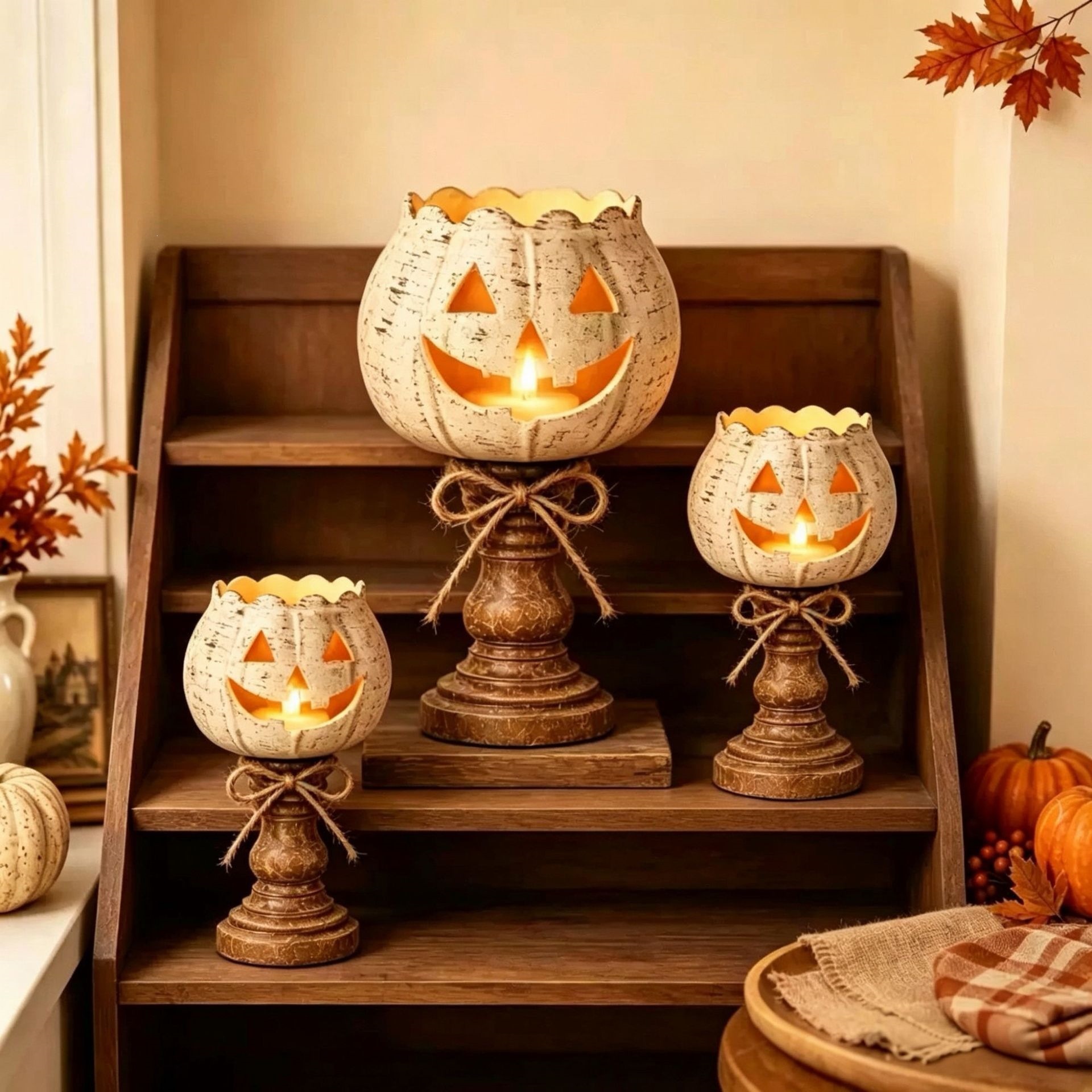 🎃 Rustic Jack O Lantern Pedestal Candle Holder Farmhouse Halloween Fall Tabletop Decor