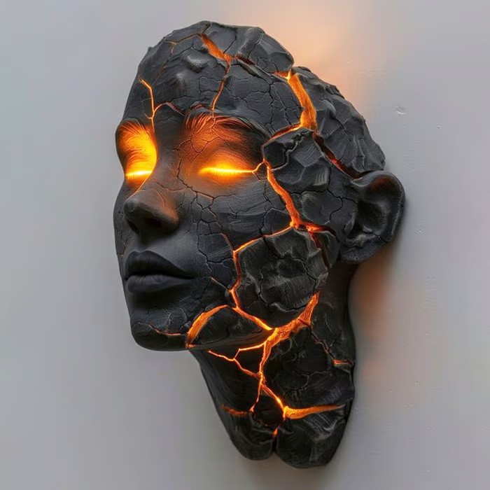 🔥 Cracked Lava Rock Human Face Wall Lamp | Broken Soul Glowing Wall Sculpture Light