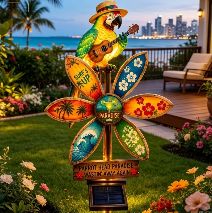 🦜 🌴Tropical Parrot Ship Wheel Solar Garden Stake Light | Island Beach Themed Outdoor Landscape Lamp