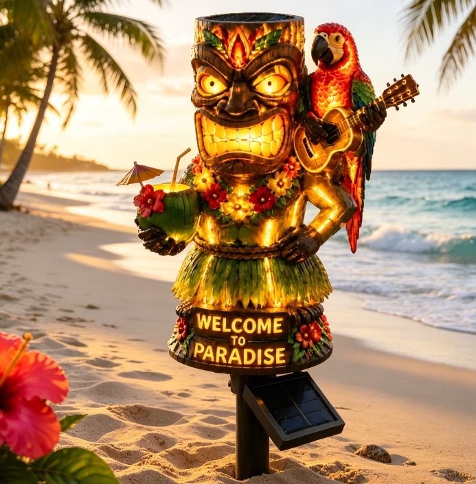 🦜 🌴Tropical Parrot Ship Wheel Solar Garden Stake Light | Island Beach Themed Outdoor Landscape Lamp