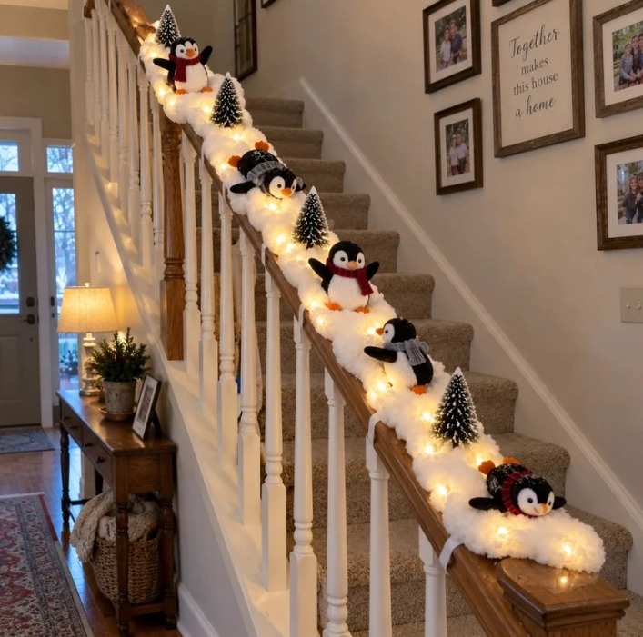 🐧 Penguin Christmas Stair Snow Decor