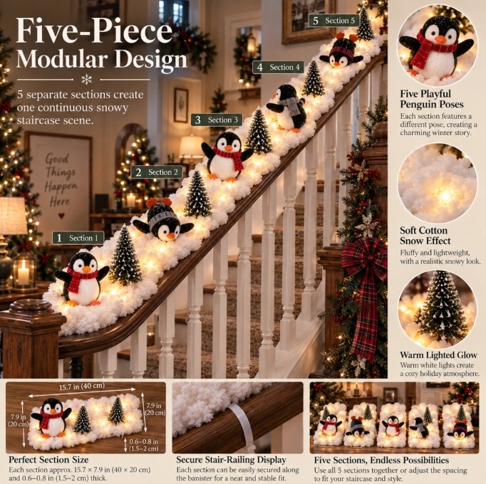 🐧 Penguin Christmas Stair Snow Decor