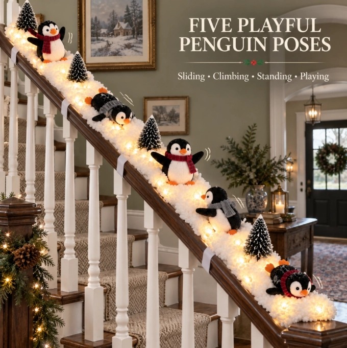 🐧 Penguin Christmas Stair Snow Decor