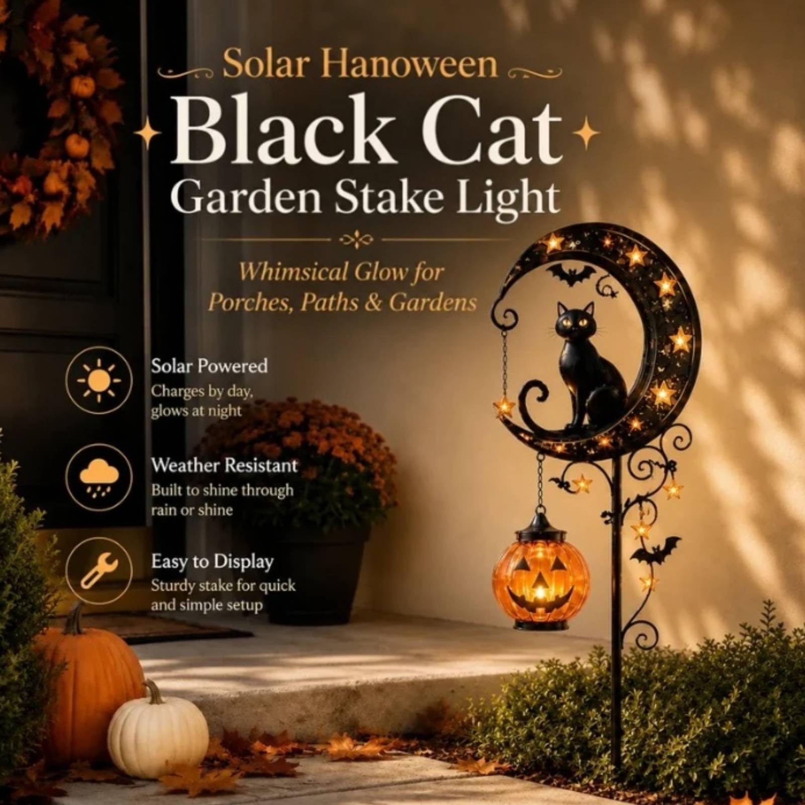 🎃 Halloween Black Cat Moon Solar Garden Stake Light | Outdoor Pumpkin Lantern Yard Decor