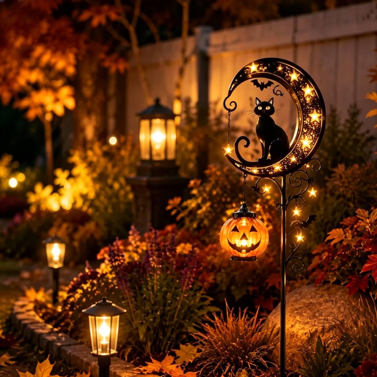 🎃 Halloween Black Cat Moon Solar Garden Stake Light | Outdoor Pumpkin Lantern Yard Decor