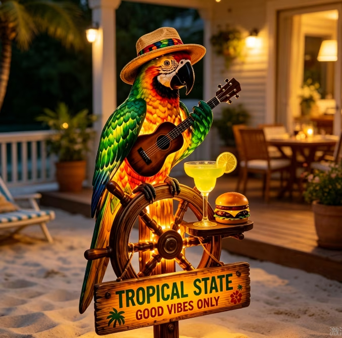 🦜 🌴Tropical Parrot Ship Wheel Solar Garden Stake Light | Island Beach Themed Outdoor Landscape Lamp
