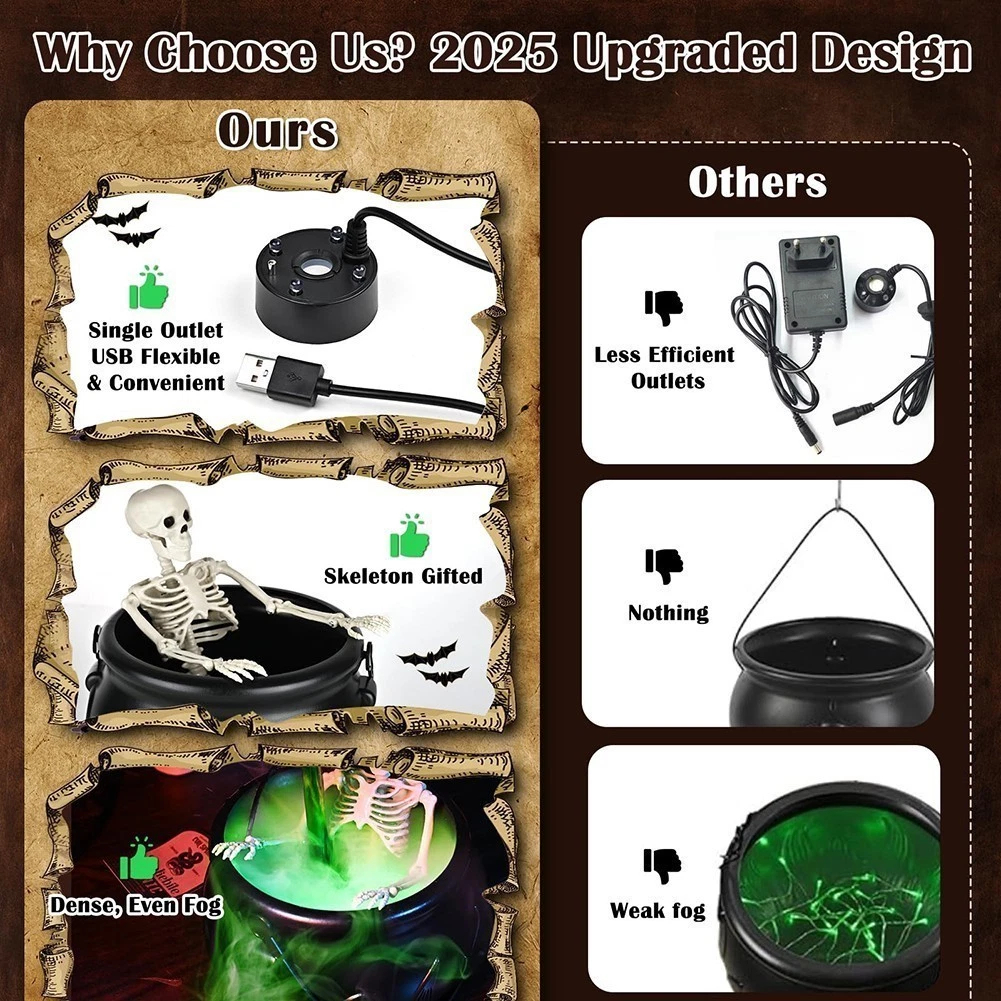 💀 Halloween Skeleton Witch Cauldron Mist Maker | Spooky Potion Fog Tabletop Decor