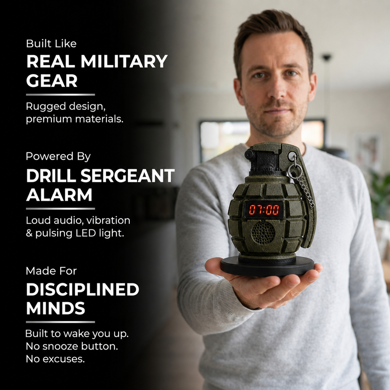 💣 Tactical Grenade Shaped Rechargeable Alarm Clock | Heavy-Duty Non-Snooze Wake-Up Desk Decor