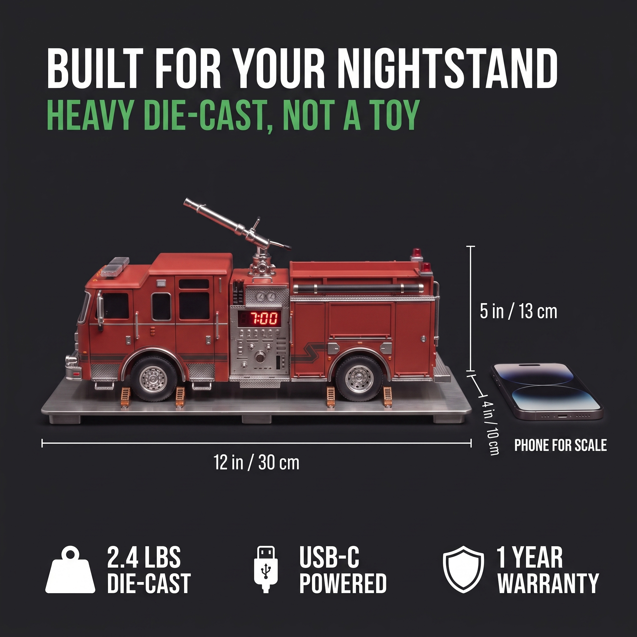 🚒 Die-Cast Fire Truck Multi-Function Alarm Clock With Mist Diffuser & Emergency Light Siren