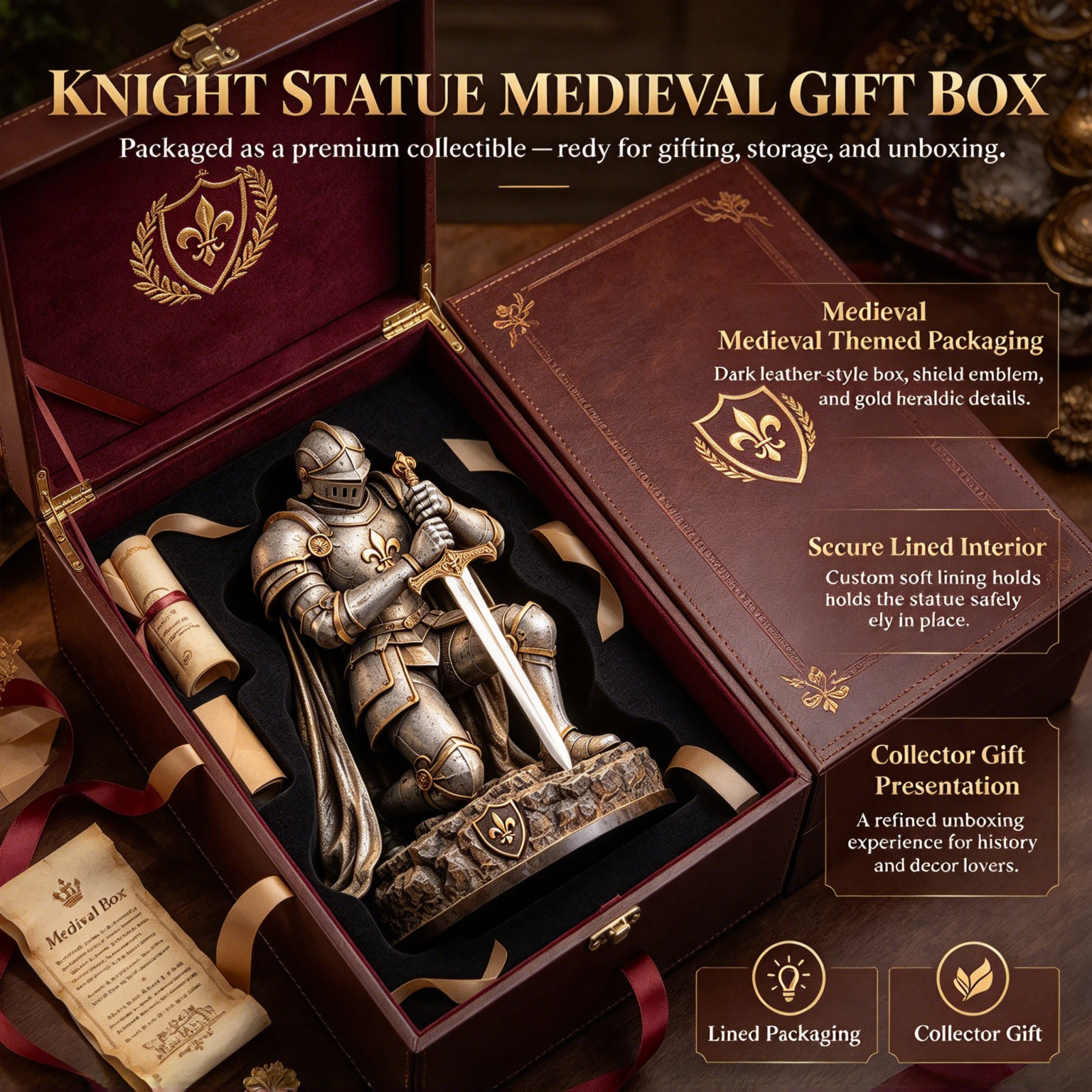 ⚔️ Kneeling Knight Glowing Sword Statue Lamp
