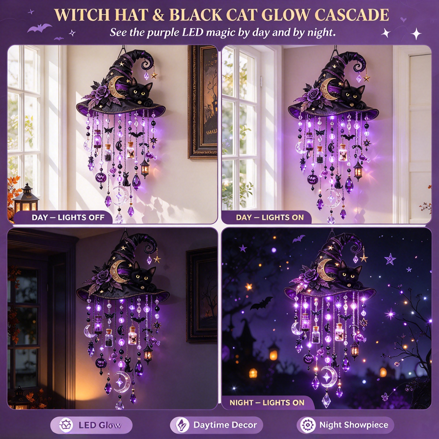 🧙 Witch Hat & Black Cat Glow Cascade Wall Light