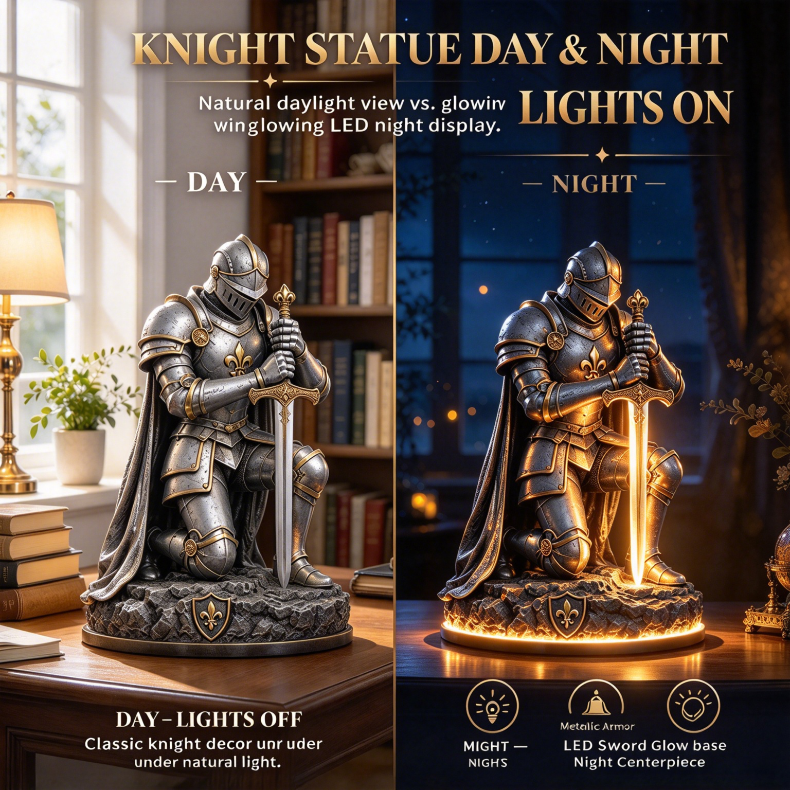 ⚔️ Kneeling Knight Glowing Sword Statue Lamp