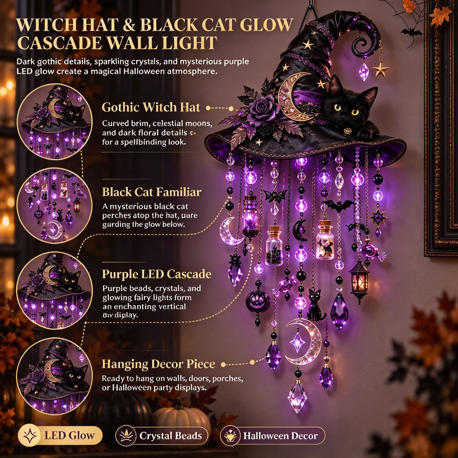 🧙 Witch Hat & Black Cat Glow Cascade Wall Light
