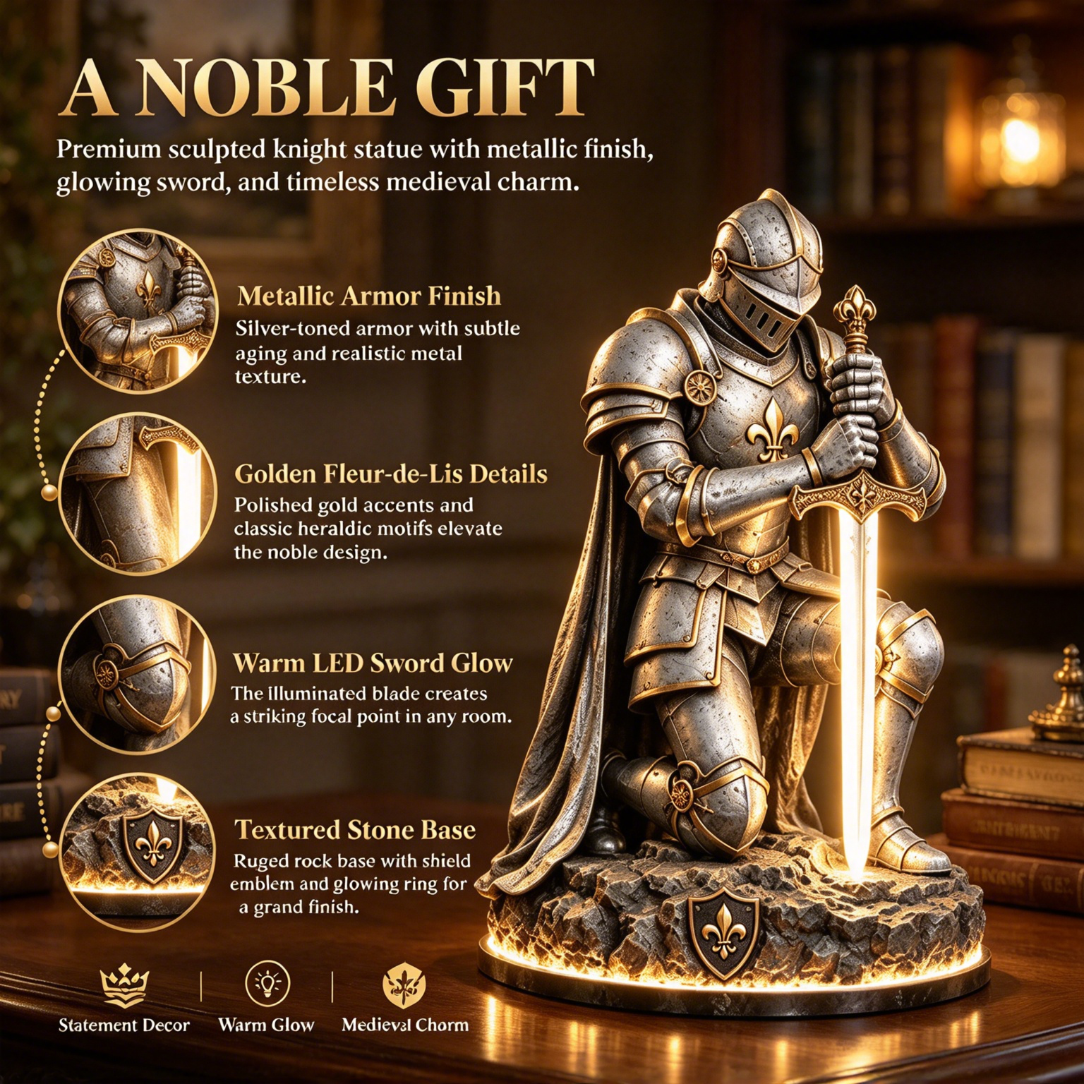 ⚔️ Kneeling Knight Glowing Sword Statue Lamp