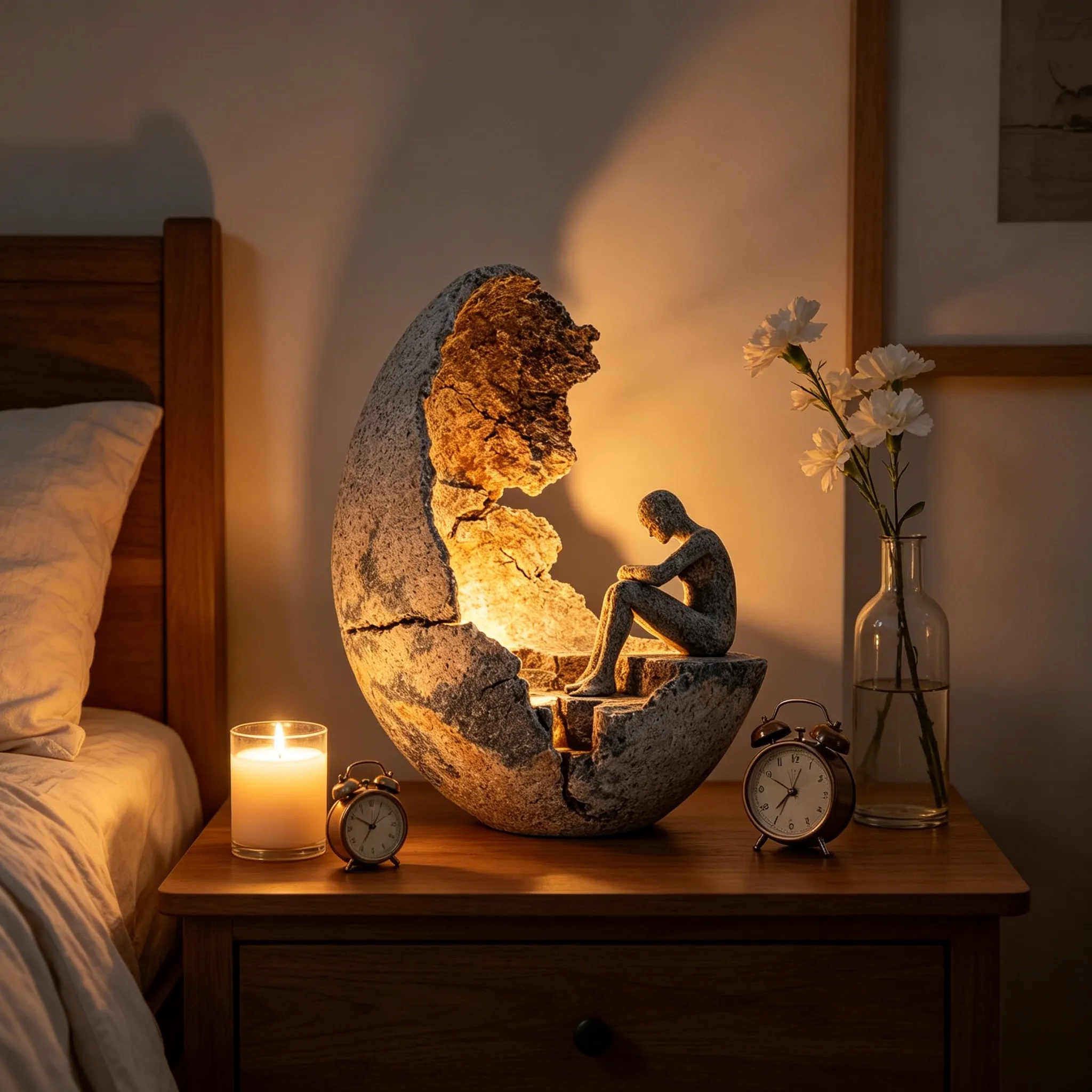 🌙 Crescent Moon Contemplative Sculpture Night Light | Wabi-Sabi Meditation Ambient Table Lamp