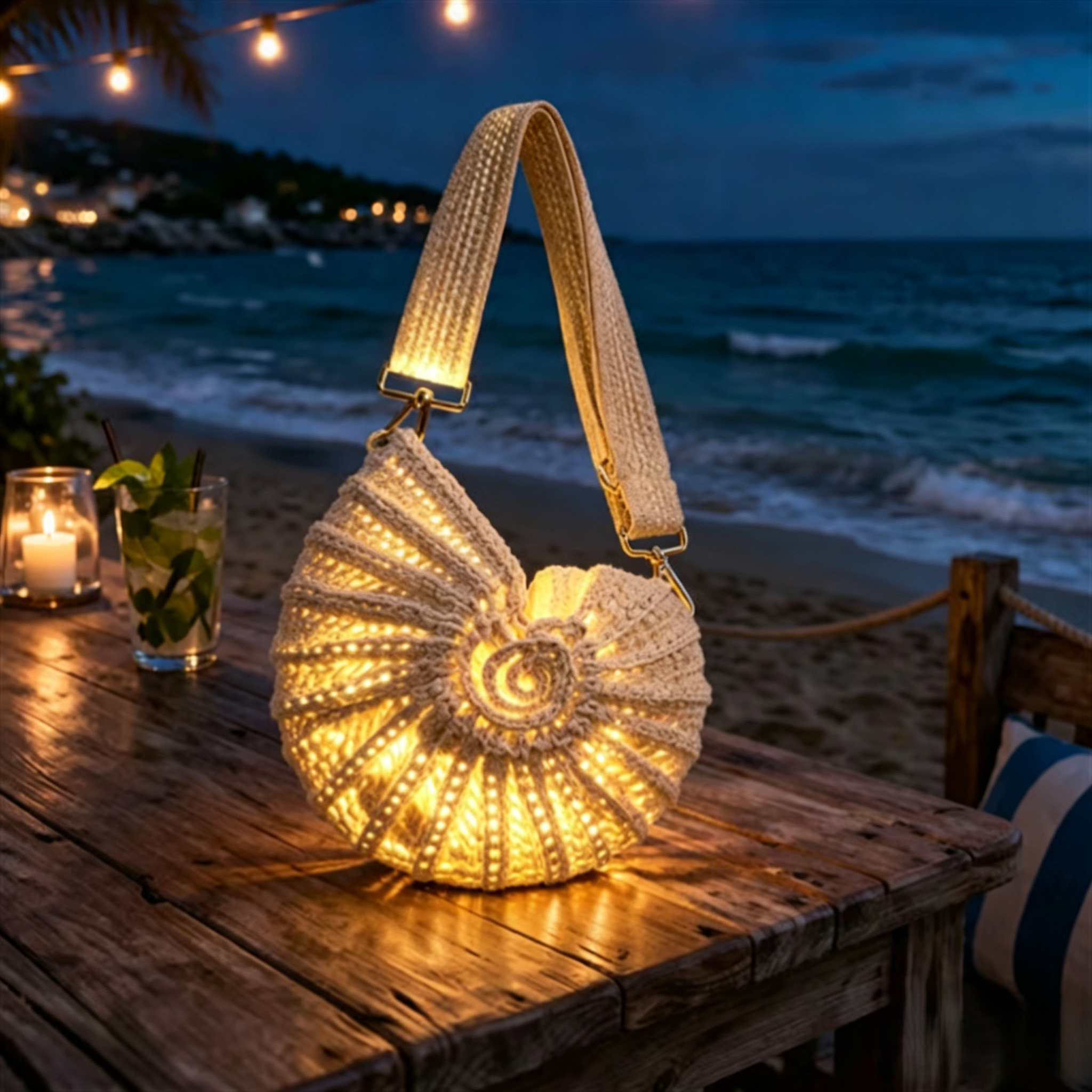 🐚 Nautilus Shell Crochet Crossbody Bag | LED‑Light Woven Beach Shoulder Purse