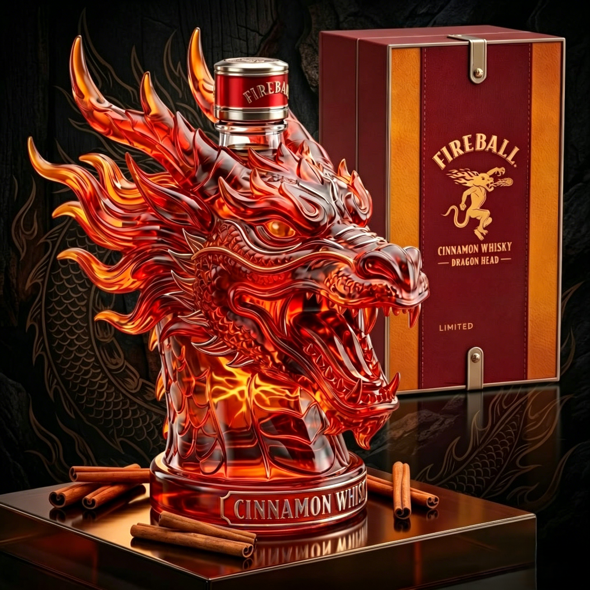 🐉 Fireball Dragon Head Cinnamon Whiskey Decanter | Limited Edition Oriental Dragon Liquor Bottle