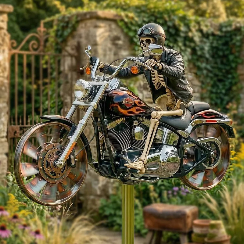 🏍️ Skeleton Biker Motorcycle Wind Spinner | Gothic Garden Whirligig