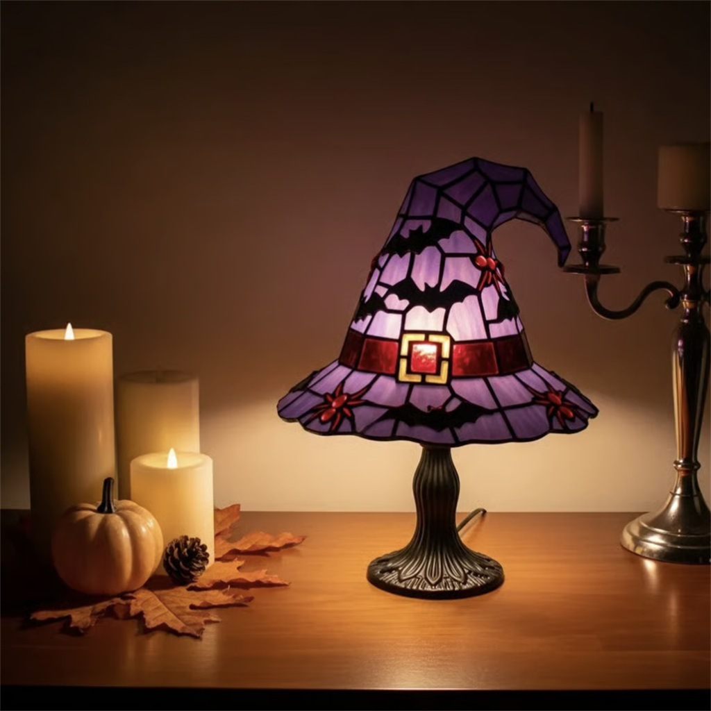 🧙‍♀️ Witch Hat Stained Glass Table Lamp | Halloween Bat Spider Themed Tiffany Desk Lamp
