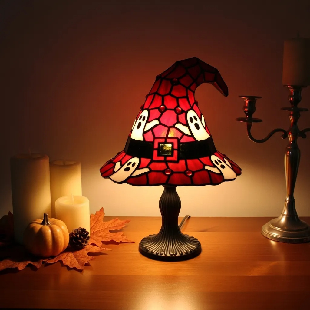 🧙‍♀️ Witch Hat Stained Glass Table Lamp | Halloween Bat Spider Themed Tiffany Desk Lamp