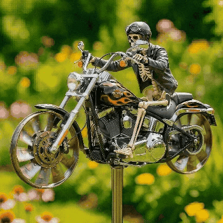 🏍️ Skeleton Biker Motorcycle Wind Spinner | Gothic Garden Whirligig