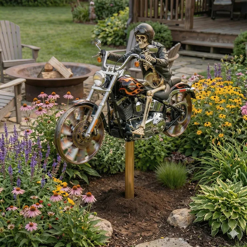 🏍️ Skeleton Biker Motorcycle Wind Spinner | Gothic Garden Whirligig