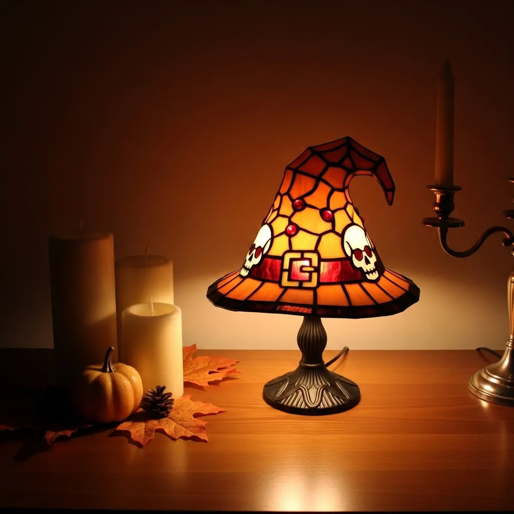 🧙‍♀️ Witch Hat Stained Glass Table Lamp | Halloween Bat Spider Themed Tiffany Desk Lamp