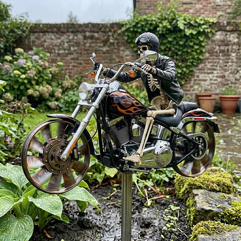 🏍️ Skeleton Biker Motorcycle Wind Spinner | Gothic Garden Whirligig