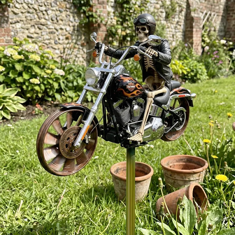 🏍️ Skeleton Biker Motorcycle Wind Spinner | Gothic Garden Whirligig