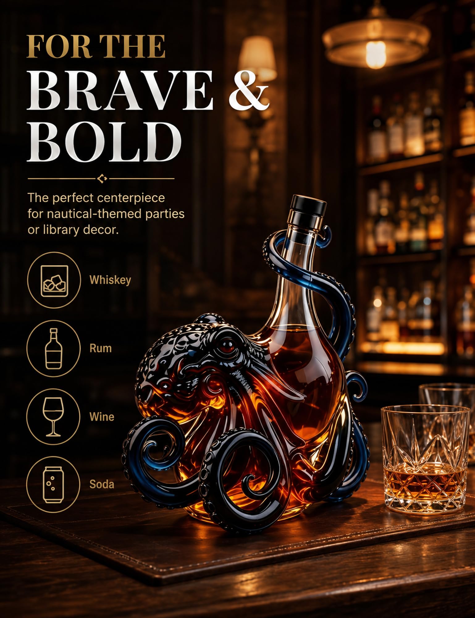 🐙 Octopus Sculpted Whiskey Decanter | Nautical Kraken Glass Liquor Bottle