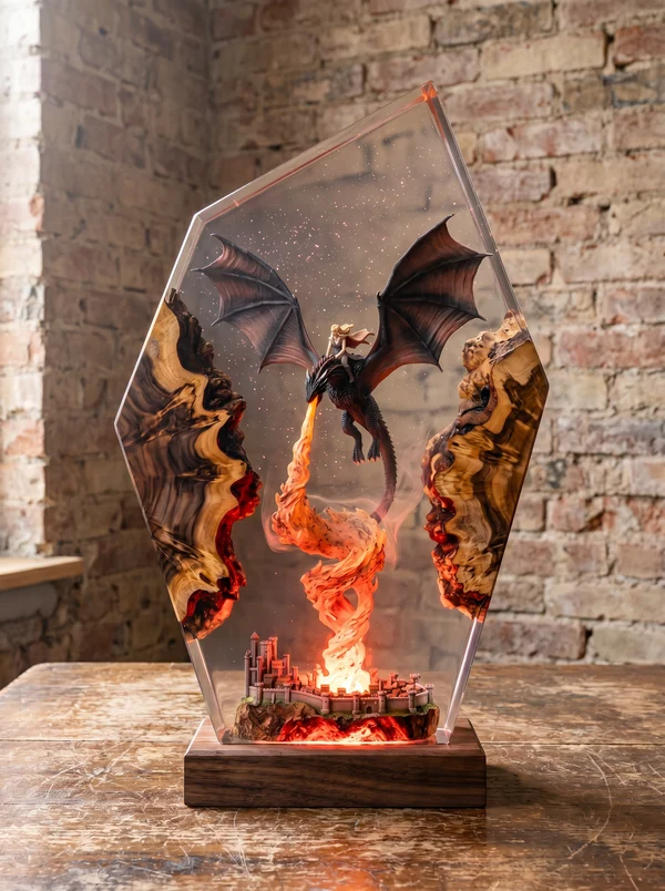 Dragon & Queen Resin Night Light | Castle Burning Diorama Epoxy Wood Lamp, Fantasy Desk Decor Gift
