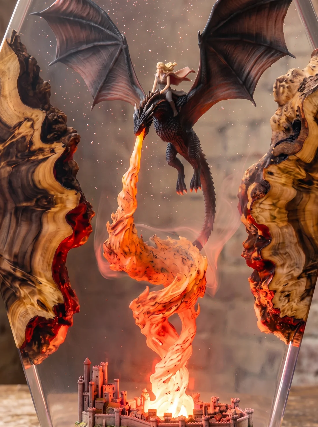Dragon & Queen Resin Night Light | Castle Burning Diorama Epoxy Wood Lamp, Fantasy Desk Decor Gift