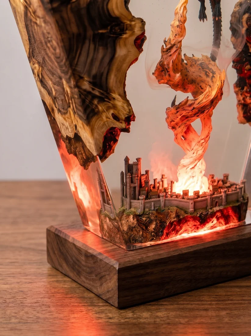 Dragon & Queen Resin Night Light | Castle Burning Diorama Epoxy Wood Lamp, Fantasy Desk Decor Gift