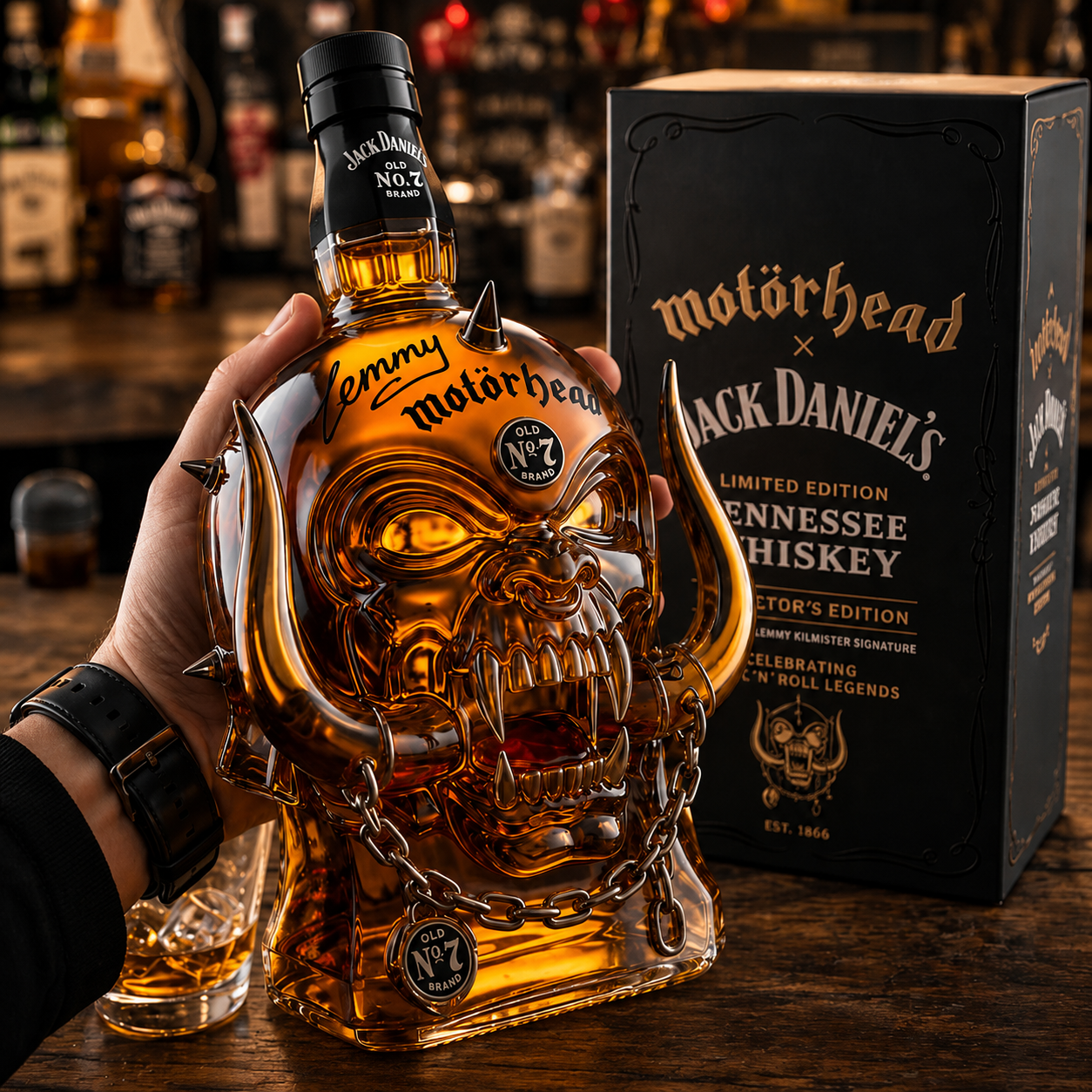 🤘 Motorhead Lemmy Skull Horned Whiskey Decanter | Jack Daniel’s Limited Rock Legend Liquor Bottle