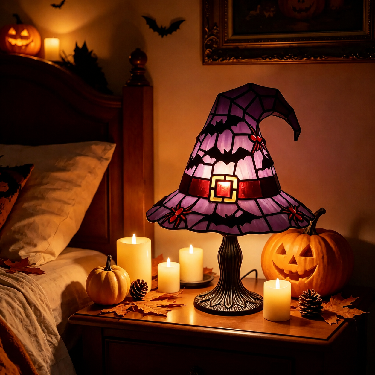 🧙‍♀️ Witch Hat Stained Glass Table Lamp | Halloween Bat Spider Themed Tiffany Desk Lamp
