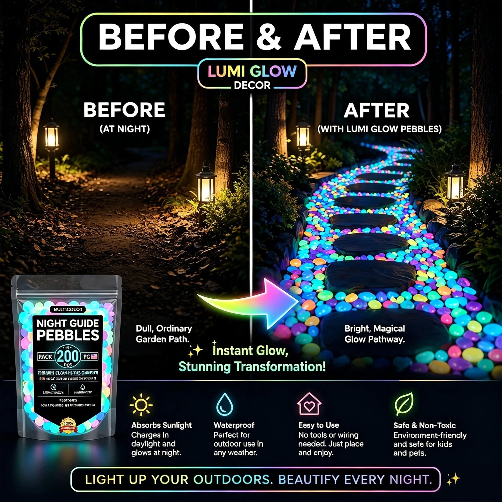 ✨ Multicolor Glow‑in‑the‑Dark Garden Pebbles | Luminous Outdoor Decor Stones