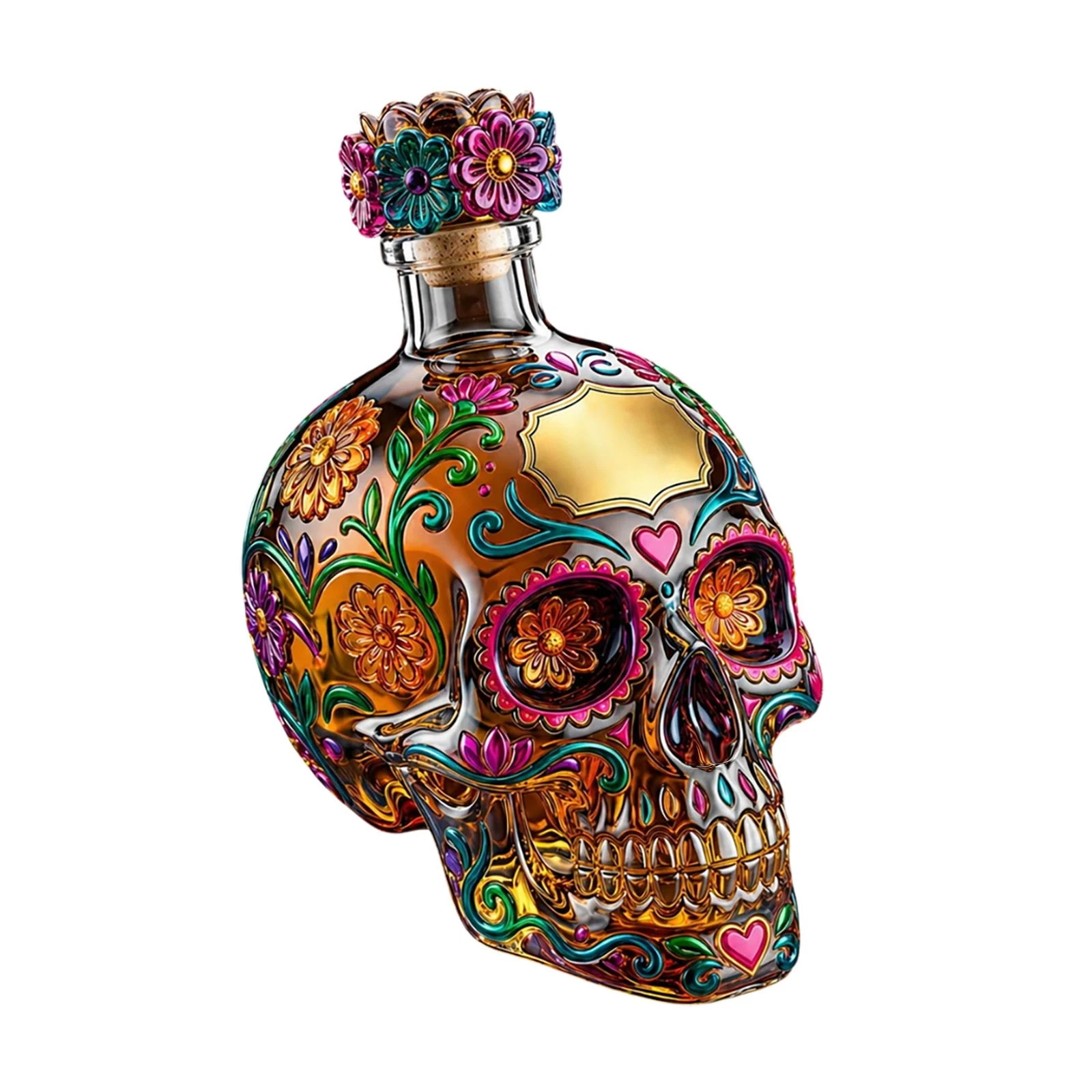 💀 Day of the Dead Sugar Skull Whiskey Decanter | Colorful Floral Liquor Bottle