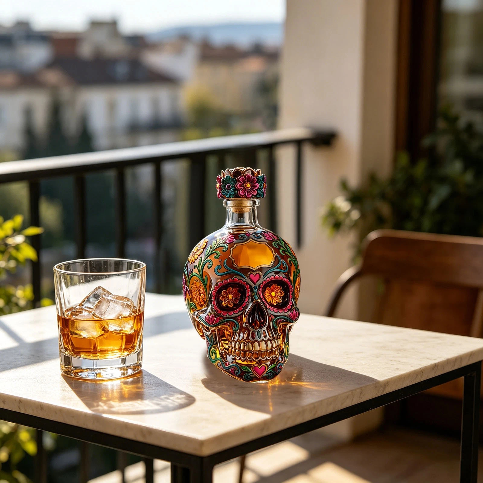 💀 Day of the Dead Sugar Skull Whiskey Decanter | Colorful Floral Liquor Bottle
