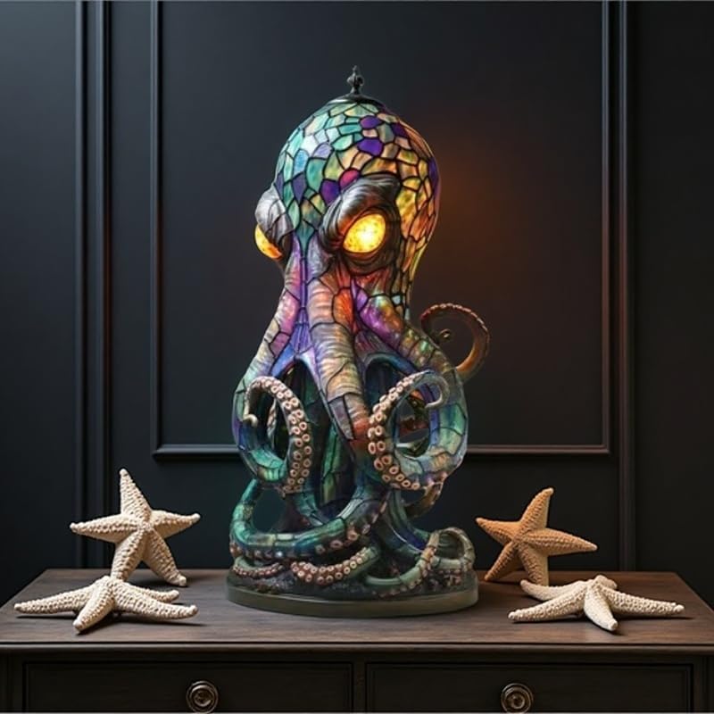 🐙 Stained Glass Octopus Table Lamp | Gothic Ocean Themed Tiffany Style Decor Light