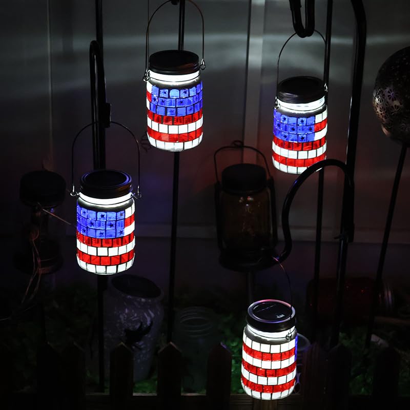 🎆 4th of July American Flag Mosaic Solar Mason Jar Lights | Patriotic Outdoor Decor Lanterns