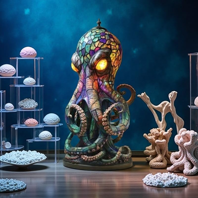 🐙 Stained Glass Octopus Table Lamp | Gothic Ocean Themed Tiffany Style Decor Light